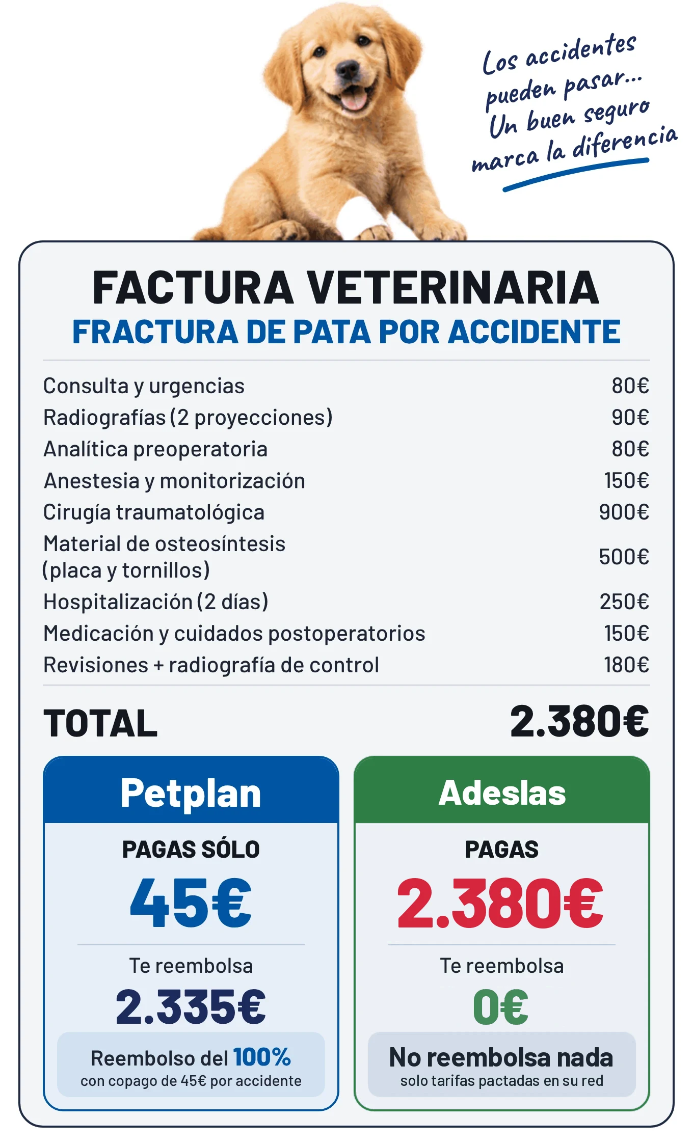 Factura de una fractura de pata de 2.380 €: con Petplan pagas 45 €, con Adeslas los 2.380 €