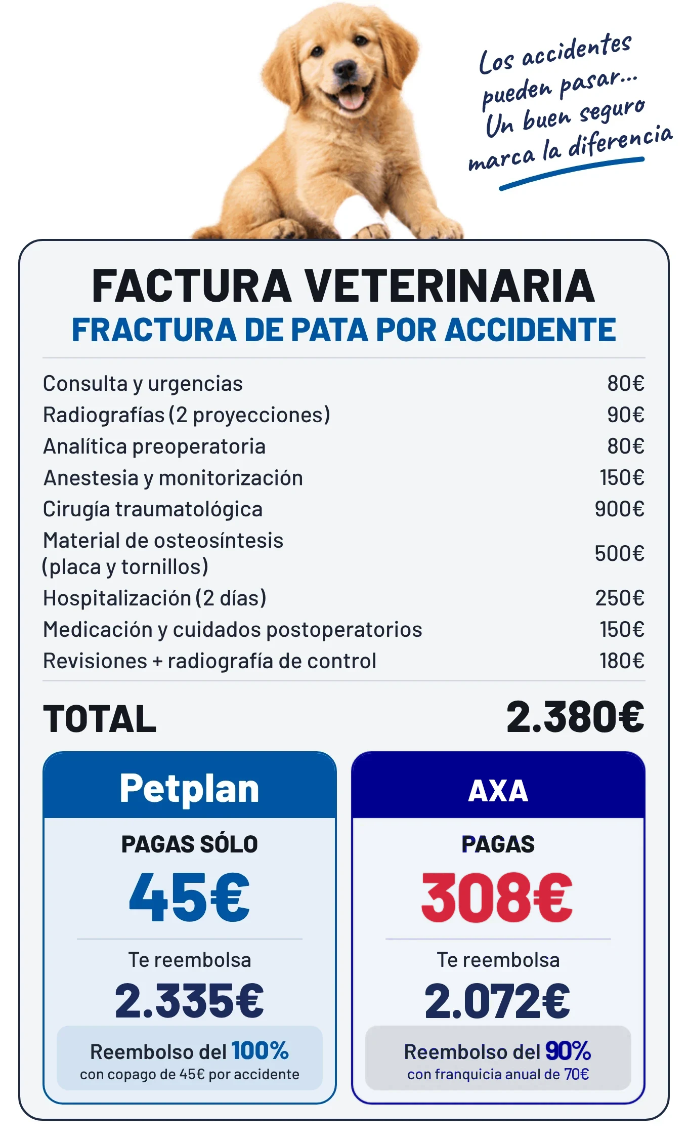 Factura de una fractura de pata de 2.380 €: con Petplan pagas 45 €, con AXA Premium 308 €