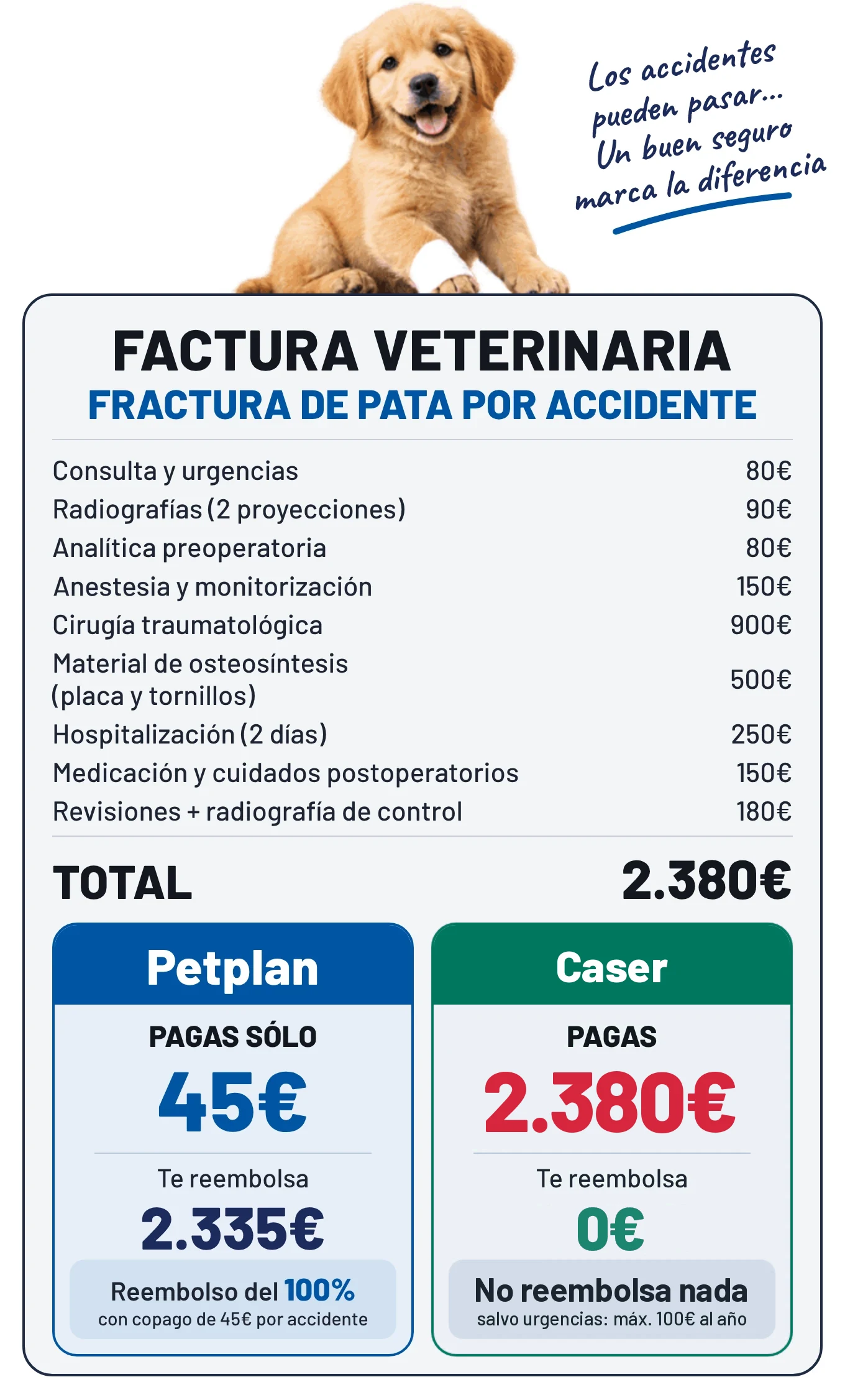 Factura de una fractura de pata de 2.380 €: con Petplan pagas 45 €, con Caser los 2.380 €