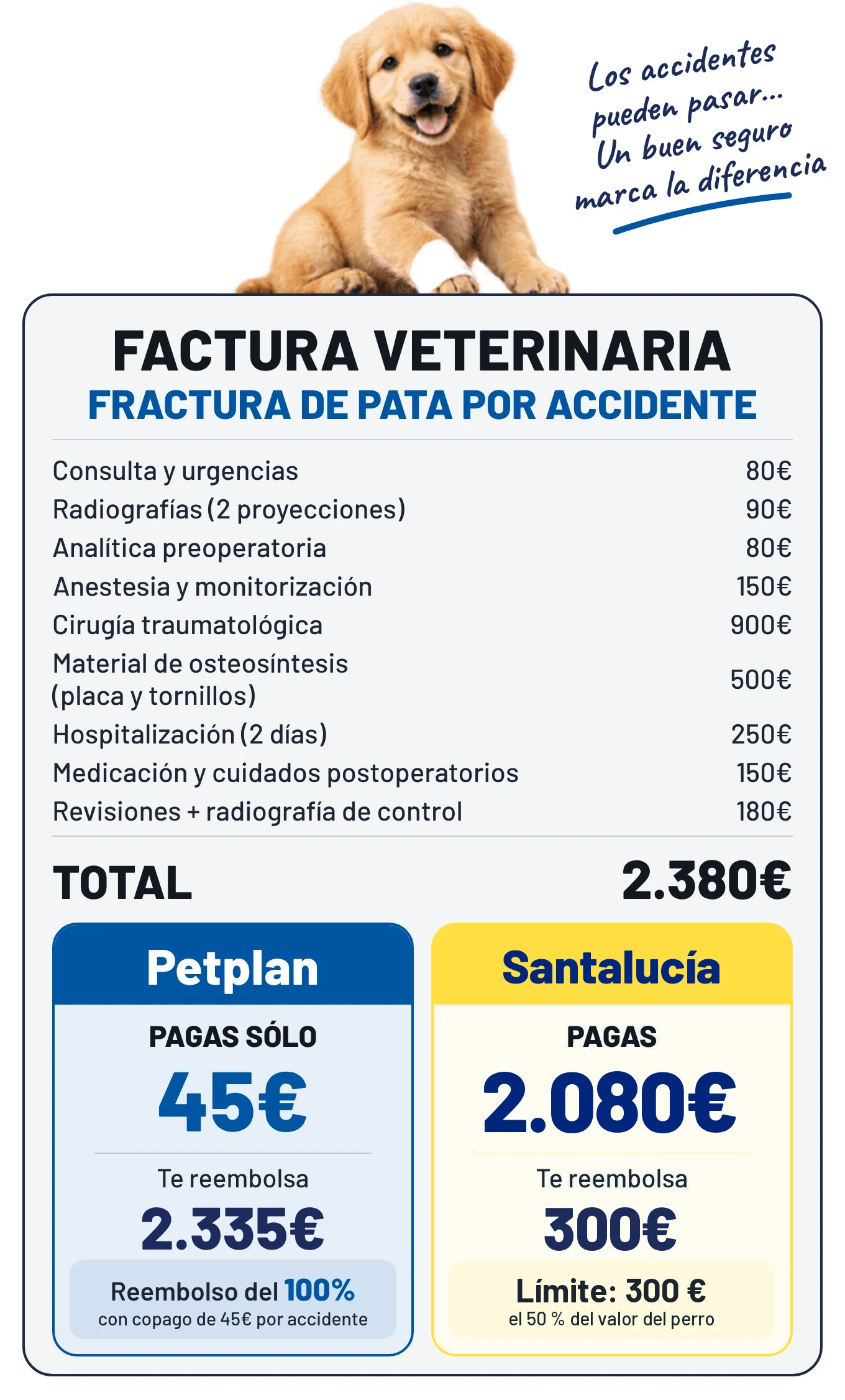 Factura de una fractura de pata de 2.380 €: con Petplan pagas 45 €, con Santalucía 2.080 €