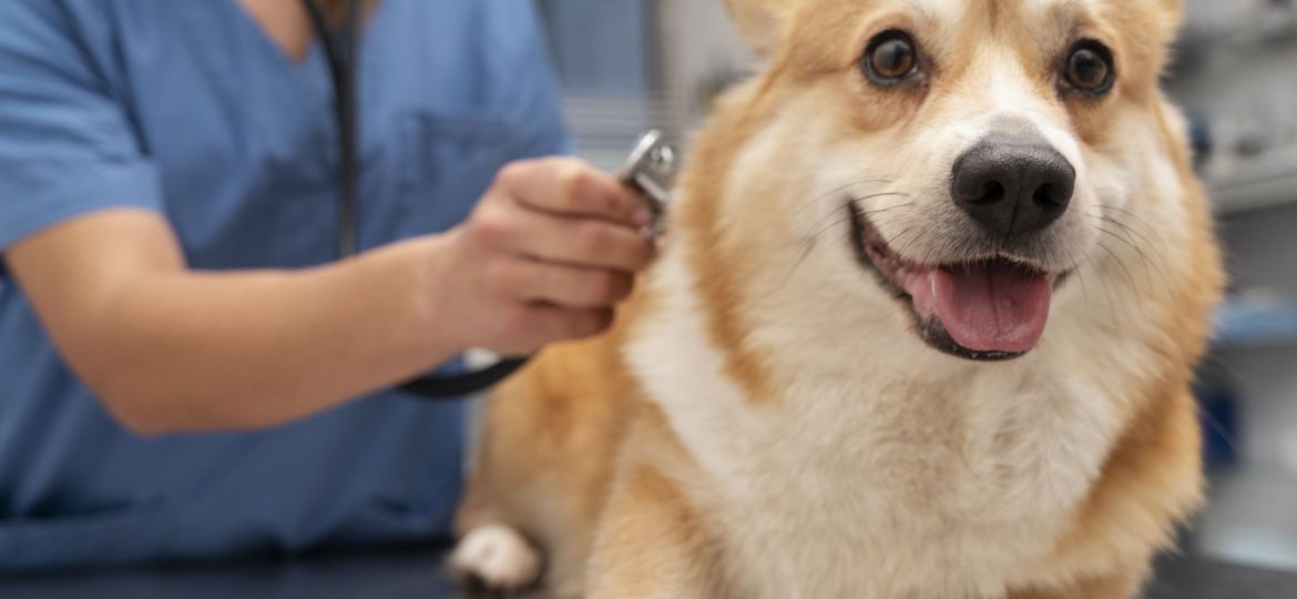 Veterinaria auscultando a un perro en la consulta