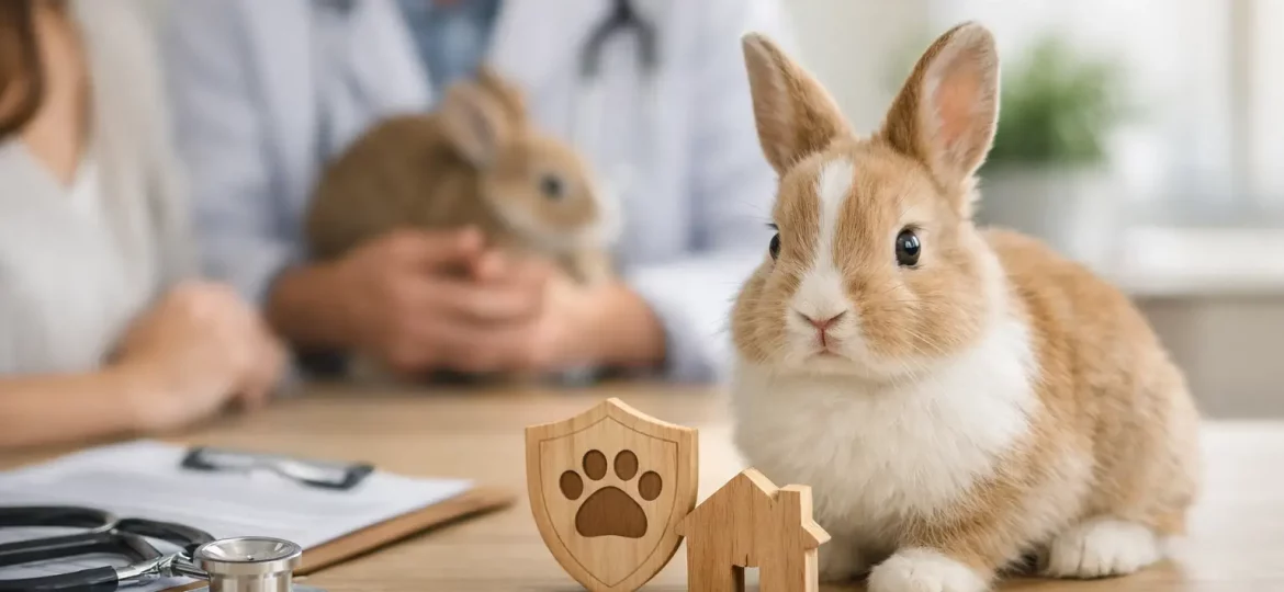 Consulta veterinaria con un conejo sobre la mesa, estetoscopio e informe