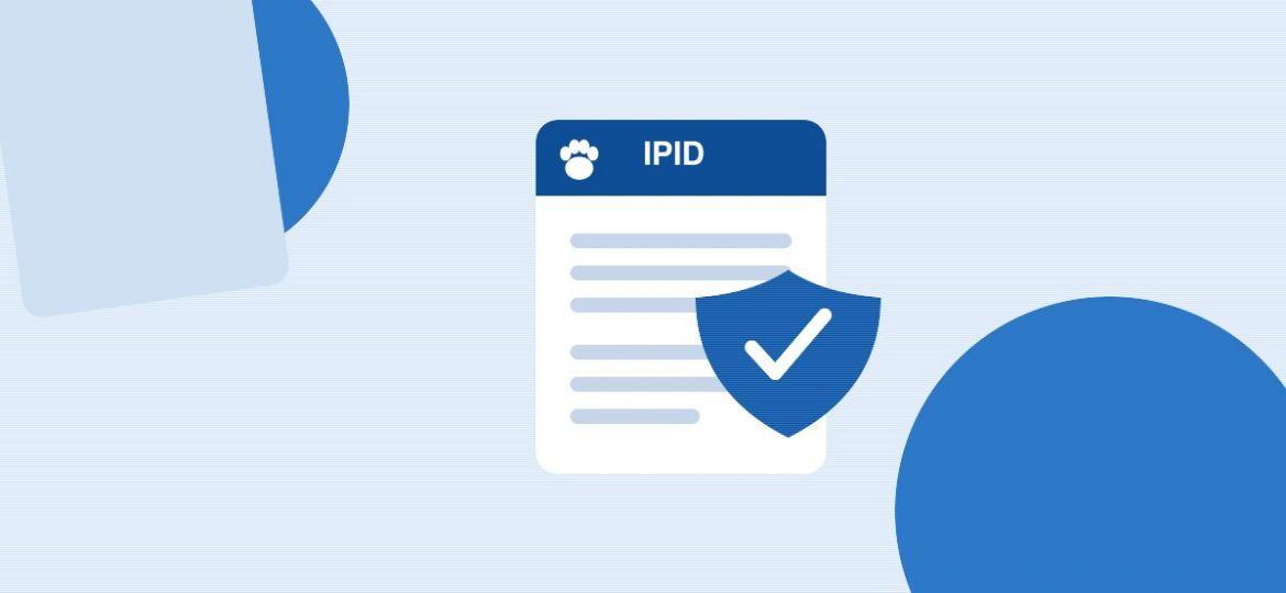 Illustration of an insurance document labelled IPID with a protection shield and check mark, representing pet insurance policy documents
