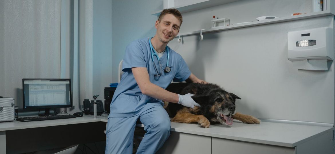 Veterinaria junto a un perro negro tumbado en la mesa de una clínica